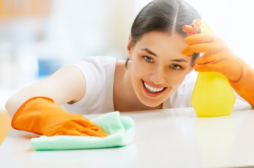 Cleaner preparing a pricing estimate for a family home carpet job